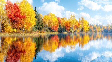 Fototapeta premium Autumn lake reflection, vibrant foliage, serene landscape, idyllic fall scene, nature calendar