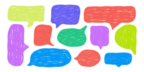 Vibrant speech bubble text Balloons collection with crayon chalk texture. Playful child drawings effect. Ideal for comics, stickers, chat design, children graphics playful branding
