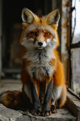 Fototapeta premium A red fox sitting on the ground looking at the camera