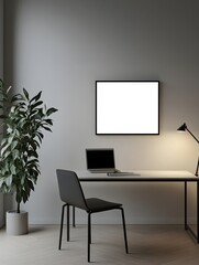 A digital workspace with AI-controlled lighting, a minimalist desk, and a blank frame.
