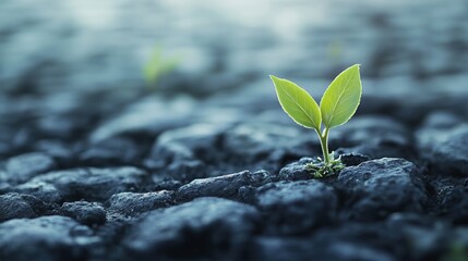Resilient Young Plant Sprouting Through Dark Grey Stones Strong Nature Growth New Life Hopeful Beginning Environmental Conservation Sustainable Future