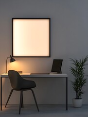 A digital workspace with AI-controlled lighting, a minimalist desk, and a blank frame.