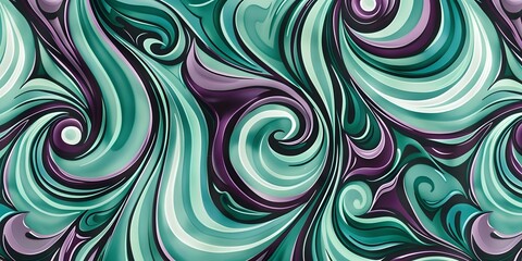 Abstract Swirling Teal and Purple: A mesmerizing seamless pattern of swirling teal, purple, and dark green hues creates a hypnotic visual experience, perfect for backgrounds, textiles.