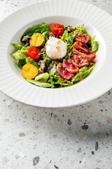 Fresh salad featuring vibrant greens, cherry tomatoes, poached egg, and tender slices of meat, elegantly arranged in a white bowl on a textured surface. A colorful and healthy dish.