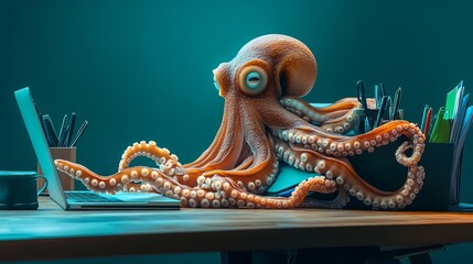 Obraz premium Octopus Working on Laptop Digital Art Creative Office Scene Humorous Illustration Funny Animal Business Concept Modern Design Unique Artwork Vibrant 
