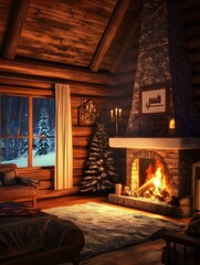 A dimly lit winter cabin with a roaring fireplace and a white frame adding warmth to the walls.