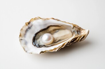 High-resolution close-up of an open oyster shell revealing a perfect pearl, ideal for luxury, jewelry, and oceanic themes
