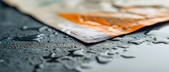 Naklejka premium Wet cash on dark surface; raindrops; finance