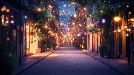 Obraz premium A Nighttime Street Scene Illuminated With Festive Lights