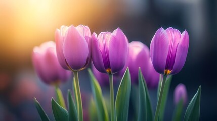 Fototapeta premium Vibrant purple tulips glowing in sunlight