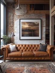 Fototapeta premium A dramatic living space with pendant lights, a leather sofa, and a white frame for contrast.