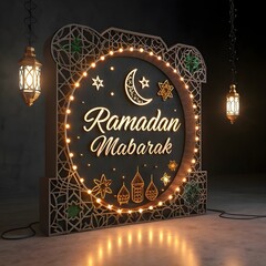 Ramadan Kareem translate generous Ramadan Background with Mosque and hanging lantern lamp for Muslim Community Celebration.
