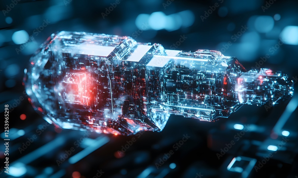 Poster futuristic technology object with glowing lines and red accents on a dark background