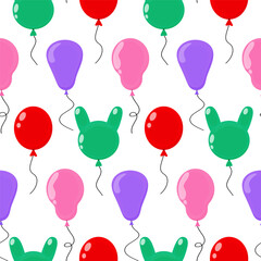 Colorful balloons in various shapes create a playful pattern on a white background