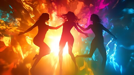 Female silhouettes breaking glass for liberation and light