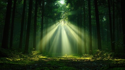 Obraz premium Sunlight streams through dark forest