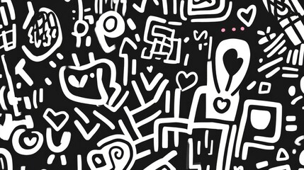 Abstract Black and White Art Featuring Playful Doodles and Geometric Shapes with Hearts, Lines, and Spirals Creating a Unique Artistic Composition