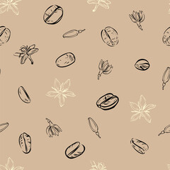 A seamless pattern featuring hand-drawn coffee beans, flowers, and buds on a beige background, perfect for packaging, textiles, and wallpaper designs.