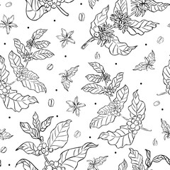A seamless black and white pattern featuring hand-drawn coffee plant branches, leaves, flowers, and beans, ideal for packaging, textiles, and wallpapers.