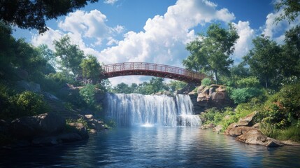 Serene Waterfall Landscape with Red Bridge