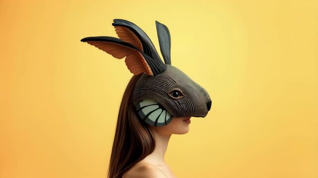 A woman in a dress and a rabbit head