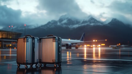 Obraz premium 3D render of silver suitcases at an airport during sunset with an airplane and distant mountains, featuring a cinematic bokeh effect