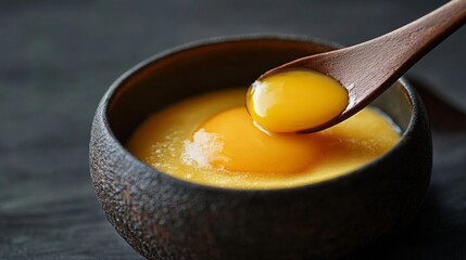 A high-detail shot of gyukatsu dipped into a raw egg yolk, creating a rich and creamy coating.