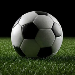 Fototapeta premium soccer ball or football on freshly cut green grass field, classic black and white football for professional or casual play,