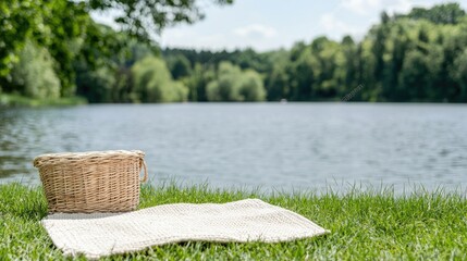 Lakeside picnic basket, blanket, summer