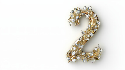 Captivating golden number 2 adorned with sparkling crystals and floral design