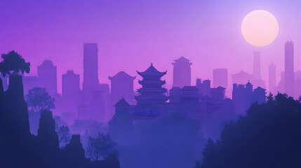 Fototapeta premium Ancient city silhouette background, purple gradient sky, flat vector illustration style 
