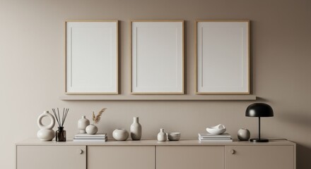 Fototapeta premium An elegant and modern shelf display with three blank wooden picture frames mounted on a beige wall