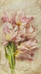 A close up of a bunch of pink flowers with a yellow center. The flowers are wilted and drooping, giving the image a sad and melancholic mood