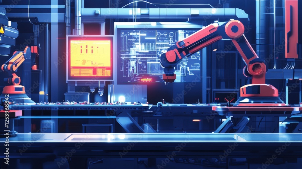 Poster futuristic robotic assembly line in a high tech factory