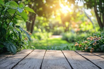 Fototapeta premium A serene garden pathway surrounded by lush greenery and vibrant flowers, beautifully illuminated by soft sunlight, inviting viewers to explore nature's peaceful charm.