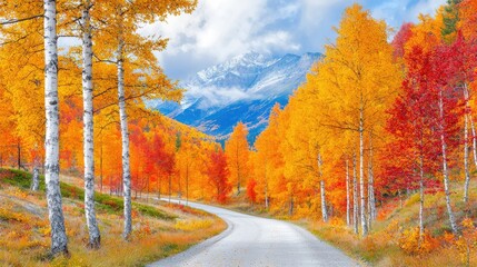 Fototapeta premium Winding road through autumnal forest, mountains backdrop, scenic drive