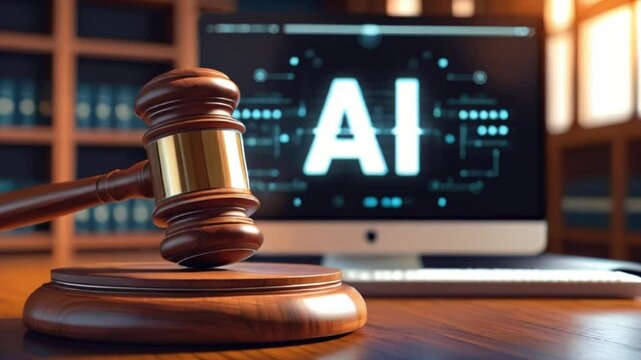 Wooden gavel on the judge's bench, computer screen with AI Screen Saver, symbolizing artificial intelligence, justice, law and judicial decisions, AI and cyber crimes