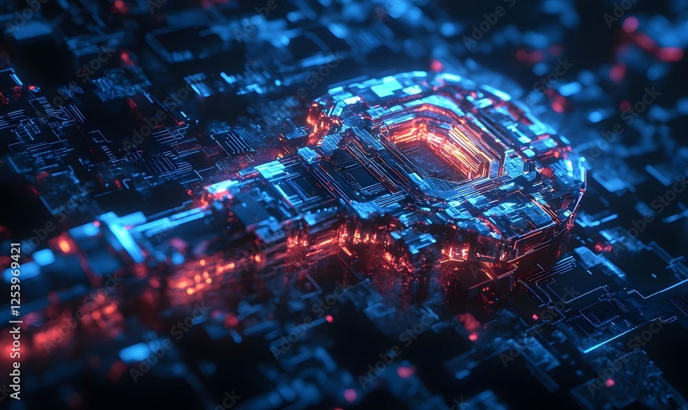 Poster digital key on complex circuit board with glowing red and blue elements 3d render