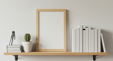 A cozy shelf display featuring a blank wooden picture frame in the center surrounded by books
