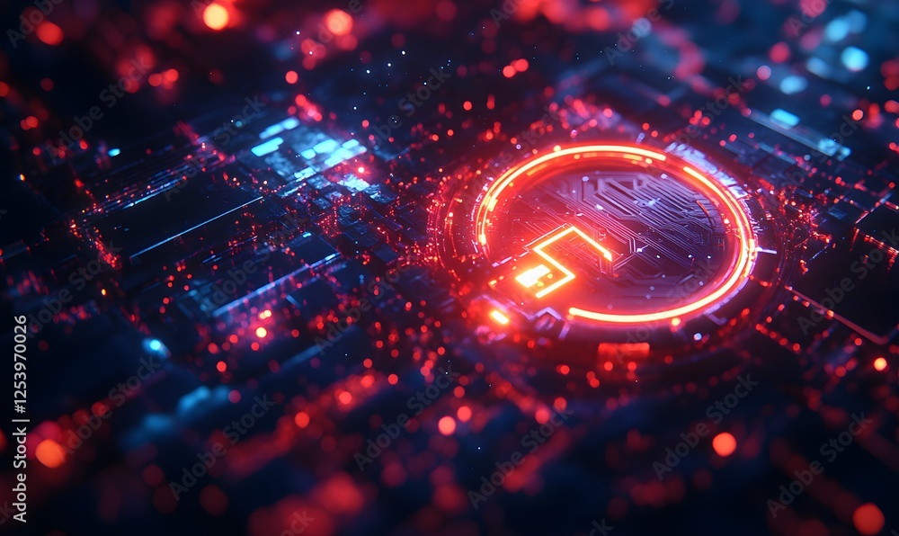 Poster abstract digital network with glowing circuitry and red bokeh lights in a dark background