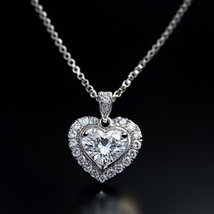 Elegant Heart-Shaped Diamond Pendant Necklace on Black Background, Exquisite Jewelry Photography