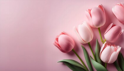 Fototapeta premium tulip flowers on pink background, 4k wallpaper, banner for women or mothers Day and spring sale; copy space 8 march happy women's text