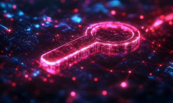 Glowing digital magnifying glass on a circuit board with red and blue light