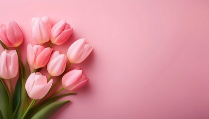 tulip flowers on pink background, 4k wallpaper, banner for women or mothers Day and spring sale; copy space 8 march happy women's text