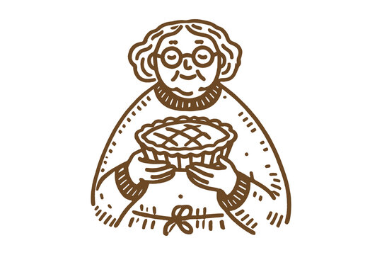 Hand-drawn minimalistic grandma with pie	