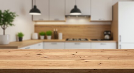 A wooden tabletop in the foreground with a blurred modern kitchen background