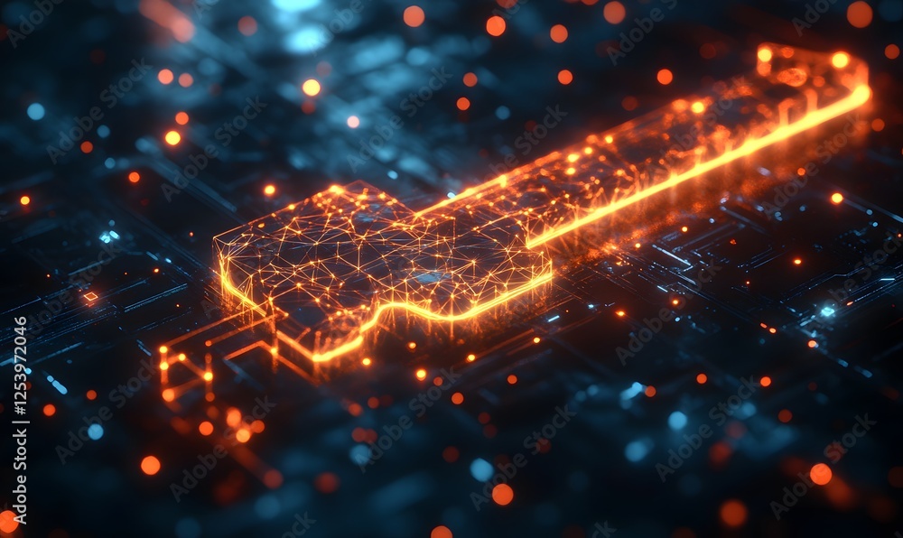 Poster a glowing key made of interconnected lines and dots on a dark circuit board background