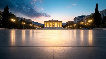 Fototapeta premium Serene Dawn at the Greek Academy of Athens: A Beautiful Sight of Historical Architecture and Empty Plaza Under a Colorful Sky
