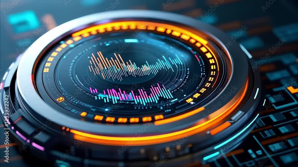 Poster a futuristic digital interface with vibrant waveforms and circular design, resembling sound visualiz