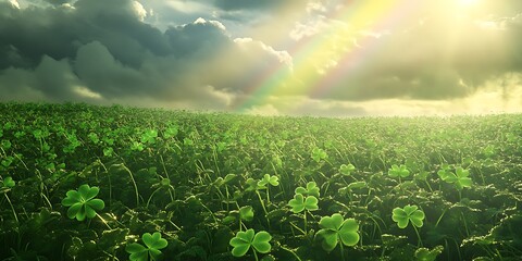rainbow over shamrock field for St. Patrick�s Day